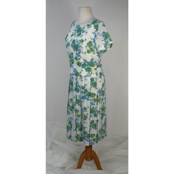 Vintage 50s 60s Dress MidCentury Spring Summer Floral Pleated Rockabilly Pin-Up - Picture 4 of 11